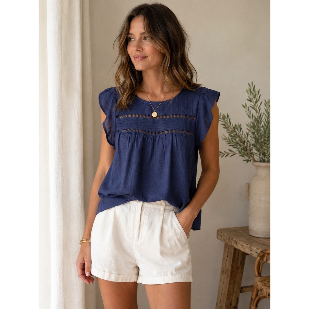 E & M Navy‎ Flutter Sleeve Boho Blouse Babydoll Peasant Cottagecore Size S